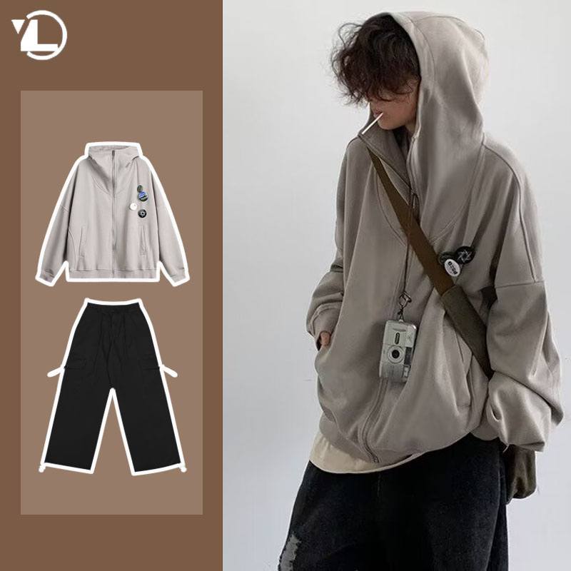 Street Fashion In Japanese - Setelan jaket Hoodie ritsleting pria, setelan