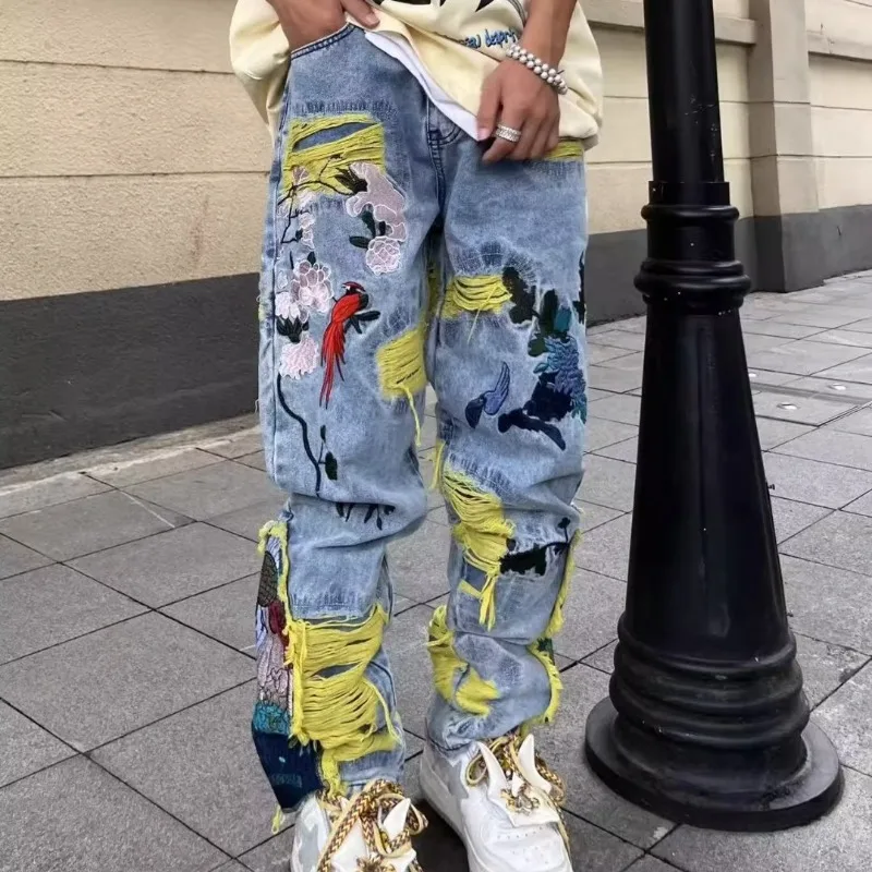 Street Fashion In Japanese - Jins dilapis bordir Hip-hop Vintage Amerika
