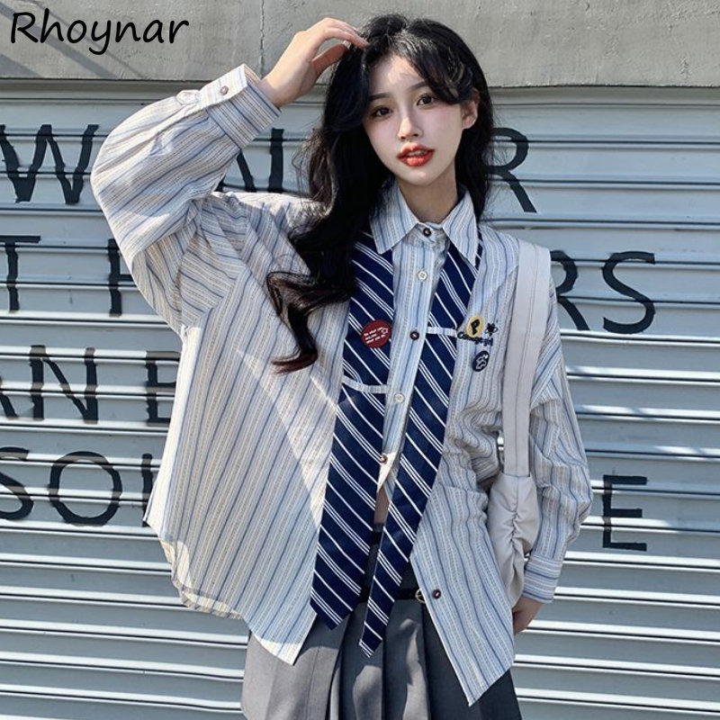 Street Fashion In Japanese - Kemeja Bergaris Wanita Longgar Preppy Remaja