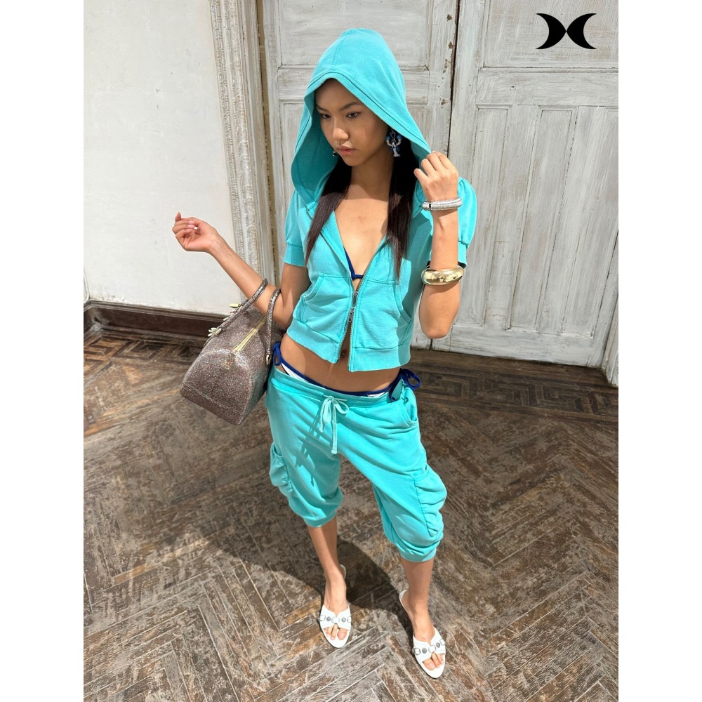 Street Fashion Casual - Setelan jaket hoodie pendek berkancing ritsleting