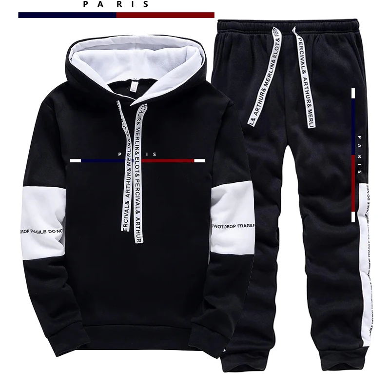 Street Fashion Casual - Setelan Pria Motif Cetak Paris/Hoodie/Celana, Pakaian
