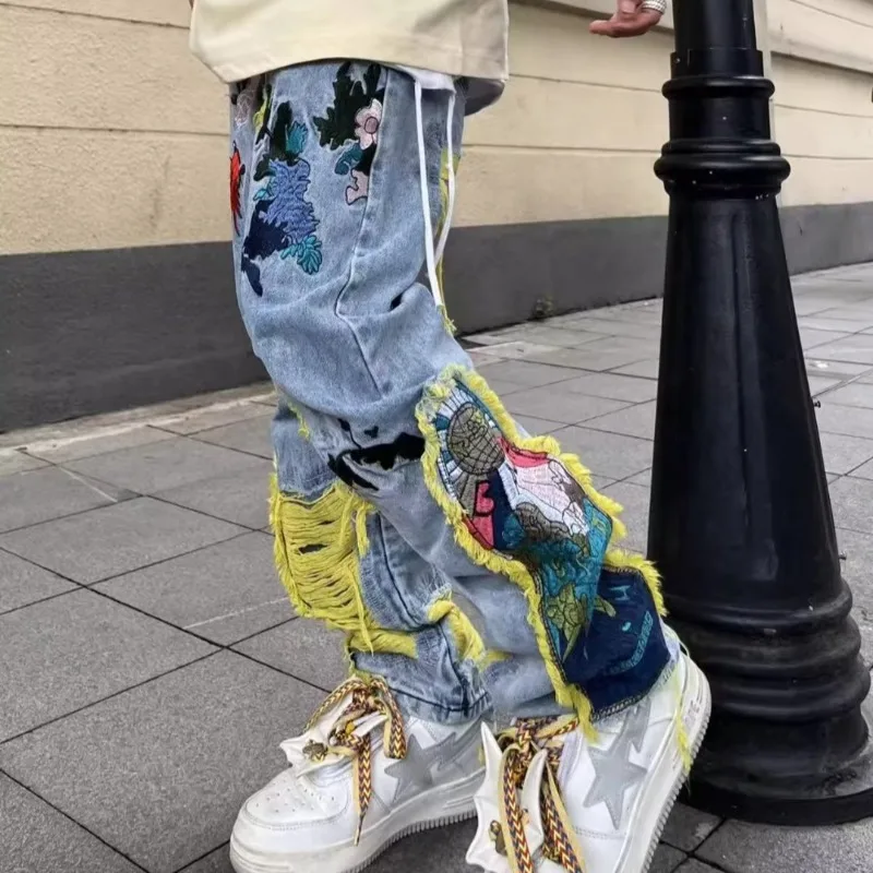 Jins dilapis bordir Hip-hop Vi - Street Fashion In Japanese ulasan dan harga
