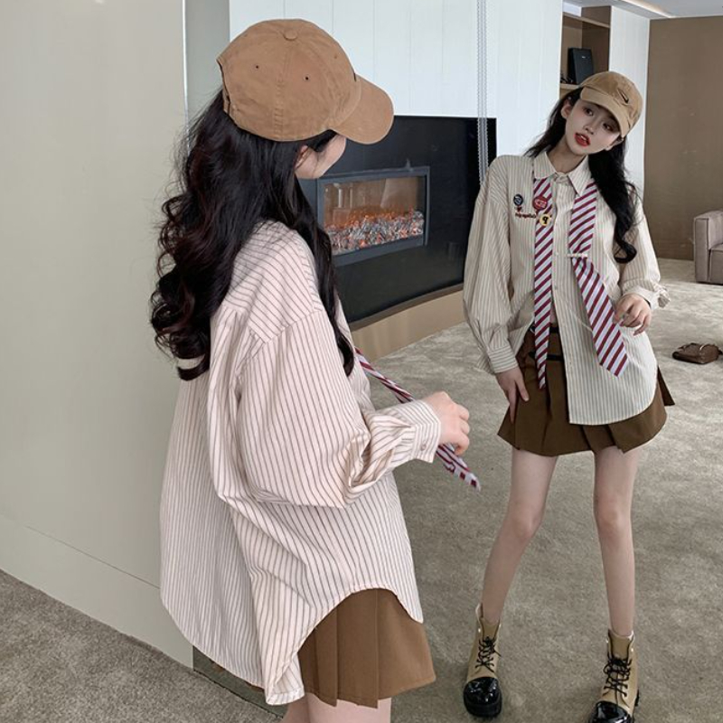 Kemeja Bergaris Wanita Longgar - Street Fashion In Japanese ulasan dan harga